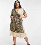 Vila Curve Exclusive Midi Wrap Dress In Mixed Floral And Leopard Print-multi