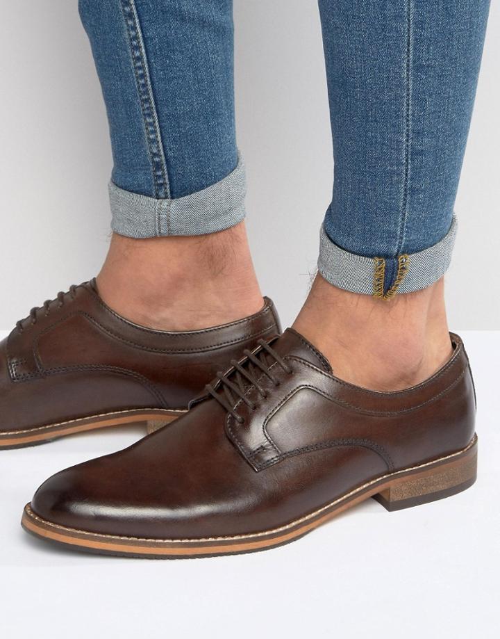 Asos Lace Up Derby Shoes In Brown Leather With Natural Sole - Brown
