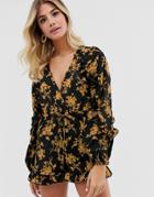 In The Style X Dani Dyer Wrap Front Ruffle Romper In Black Floral Print - Multi