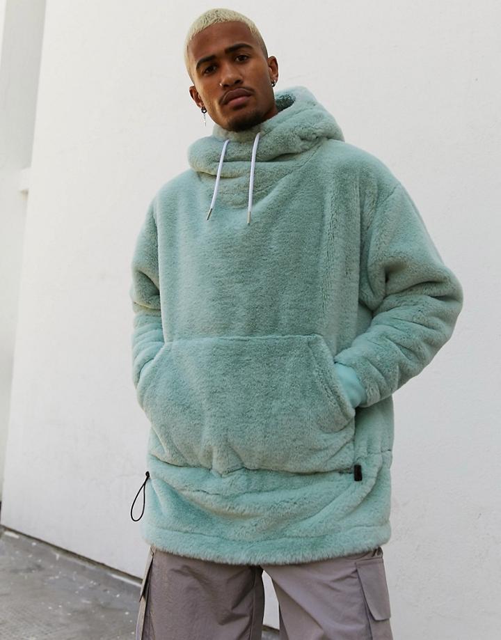 Asos Design Oversized Faux Fur Hoodie With Funnel Neck & Bungee Details In Blue Gray-green