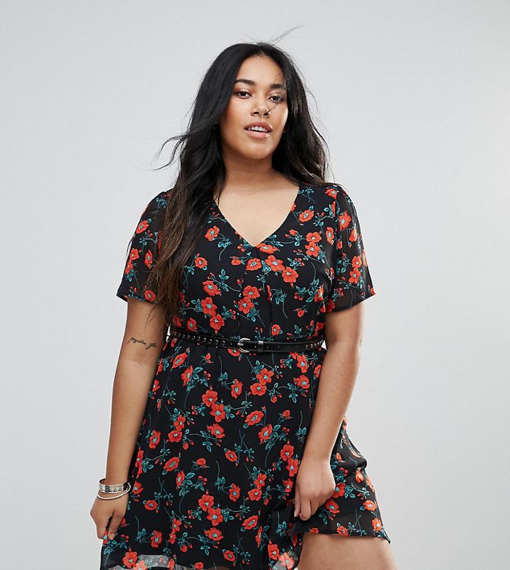 Yumi Plus Poppy Print Dress With Studded Belt - Black