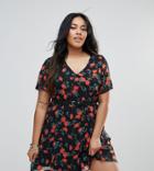 Yumi Plus Poppy Print Dress With Studded Belt - Black