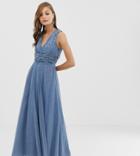 Asos Design Bridesmaid Maxi Dress With Pearl And Sequin Embellished Drape Bodice - Blue