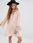 Kiss The Sky High Neck Swing Dress With Lace Inserts And Choker Neck - Pink