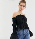 Collusion Petite Ruched Tie Front Off The Shoulder Top - Black