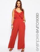 Asos Curve Cheesecloth Jumpsuit With Ruffle - Rust