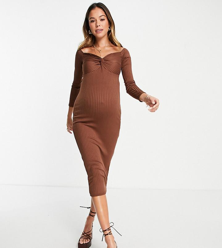 Asos Design Maternity Off Shoulder Rib Knot Front Midi Dress-multi