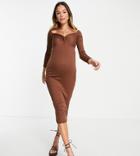 Asos Design Maternity Off Shoulder Rib Knot Front Midi Dress-multi