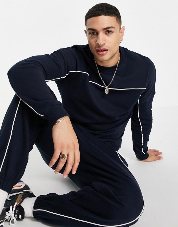 Asos Design Oversized Sweatshirt With Piping Details In Navy - Part Of A Set