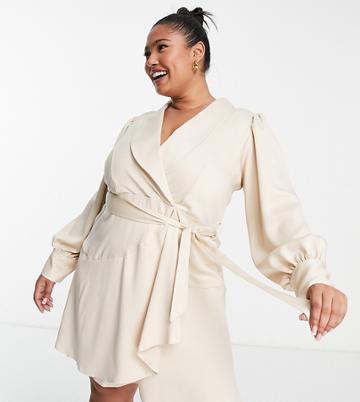 Closet London Plus Wrap Tie Mini Dress In Stone-neutral