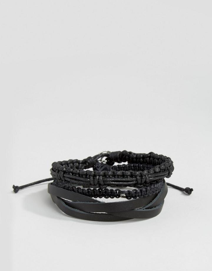 Icon Brand Leather & Woven Bracelet Pack In Black - Black