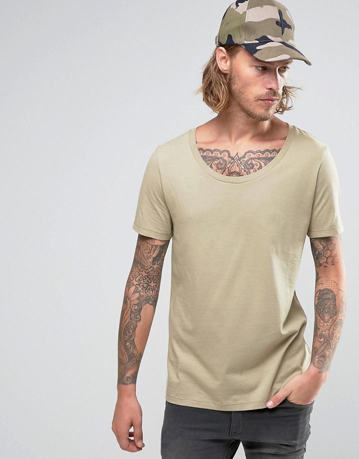 Asos T-shirt With Scoop Neck In Beige - Beige