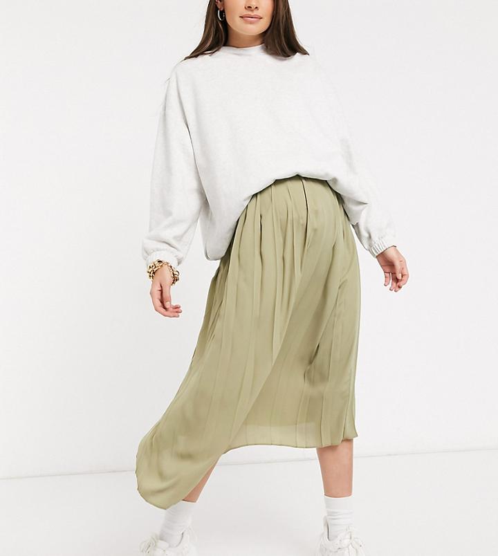 Asos Design Maternity Wide Pleat Midi Skirt In In Khaki-green