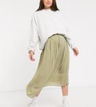Asos Design Maternity Wide Pleat Midi Skirt In In Khaki-green
