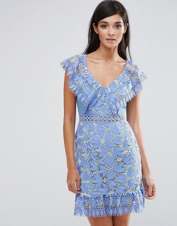 Aijek Lace Mini Dress With Lace Flutter Neckline - Blue
