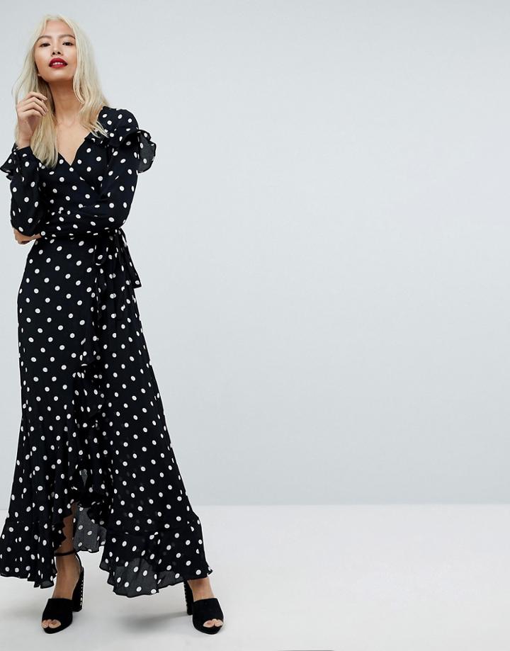 Asos Maxi Dress With Ruffle Detail And Open Back In Spot - Multi