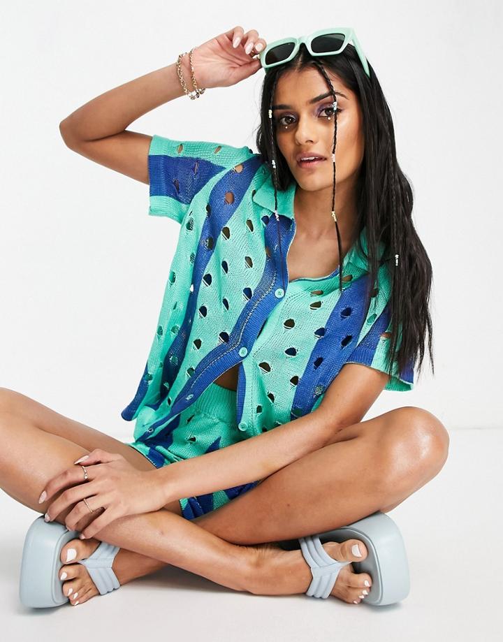 Daisy Street Distressed Knit Boxy Shirt In Blue/green Wavy Print - Part Of A Set