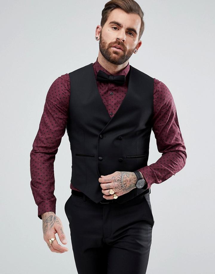 Asos Slim Tuxedo Vest In Black 100% Wool - Black