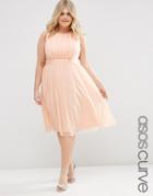 Asos Curve Midi Dress With Ruched Mesh - Pink