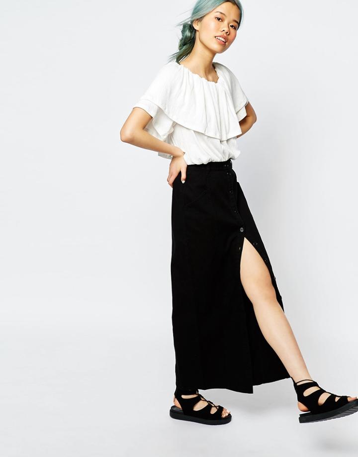 Monki Midi Button Down Denim Skirt - Black