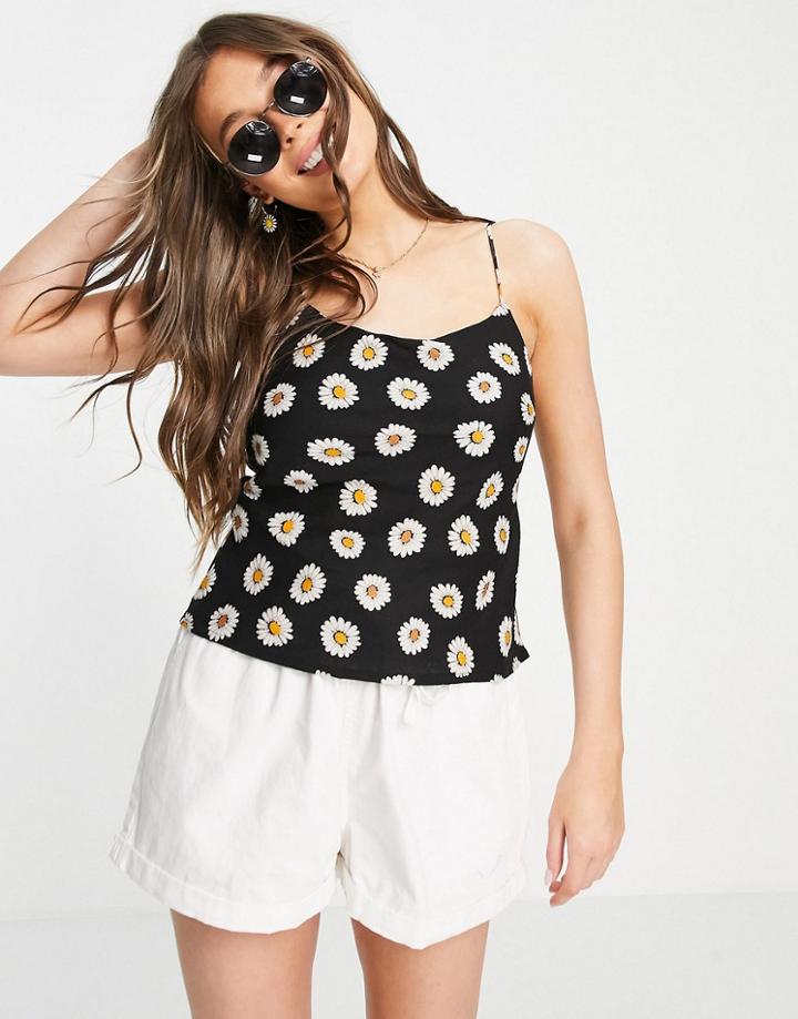 Asos Design Linen Scoop Neck Cami In Black Based Daisy-multi