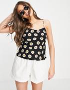 Asos Design Linen Scoop Neck Cami In Black Based Daisy-multi
