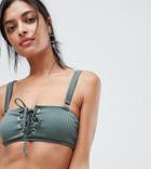 South Beach Exclusive Ribbed Lace Up Bikini Top In Forest Green