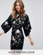 Asos Tall Kimono Mini Dress With Embroidery - Multi