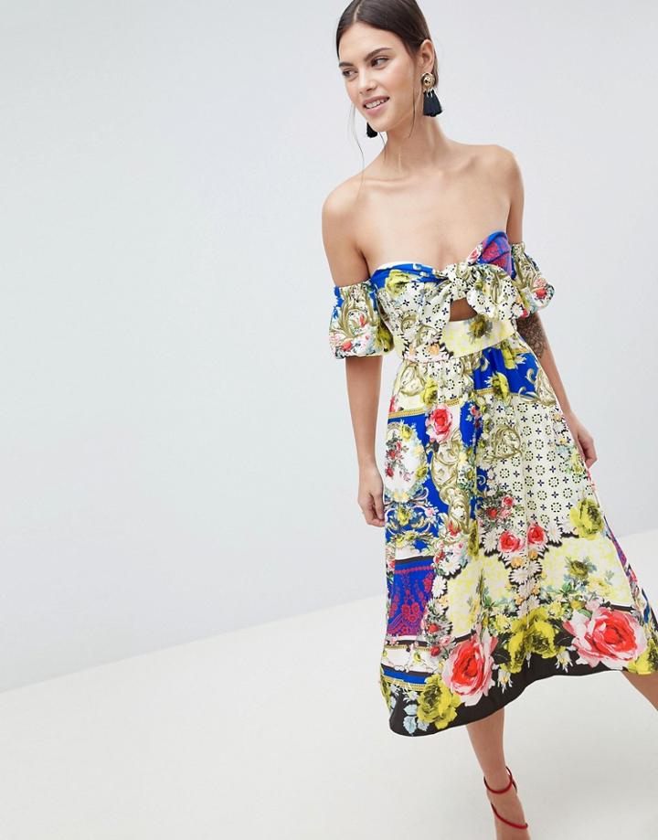 Asos Design Off Shoulder Midi Sundress With Bow Detail In Scarf Print - Multi
