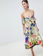 Asos Design Off Shoulder Midi Sundress With Bow Detail In Scarf Print - Multi