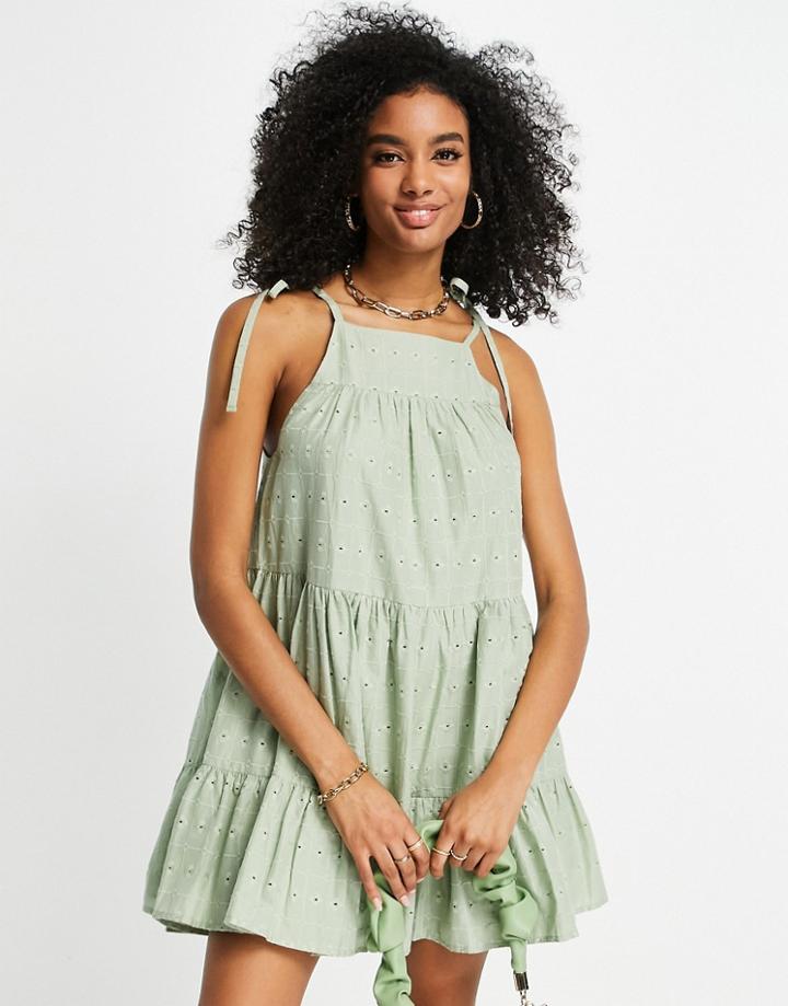 Asos Design Tiered Eyelet Mini Sundress In Light Khaki-green