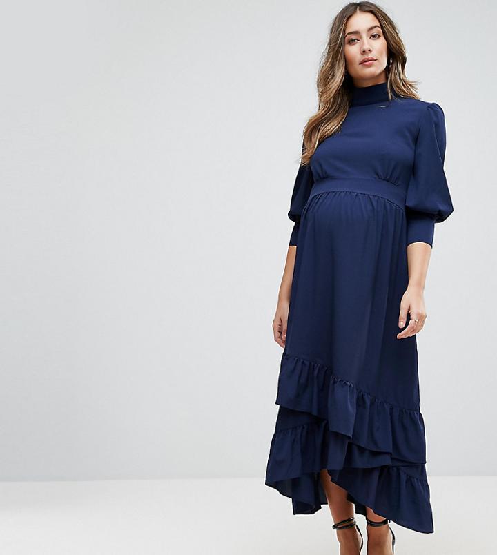 Gebe Maternity Maxi Dress With Frill Detail - Navy