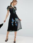 Asos Premium Spot Mesh Embroidered Dress With Sequin Trim - Black