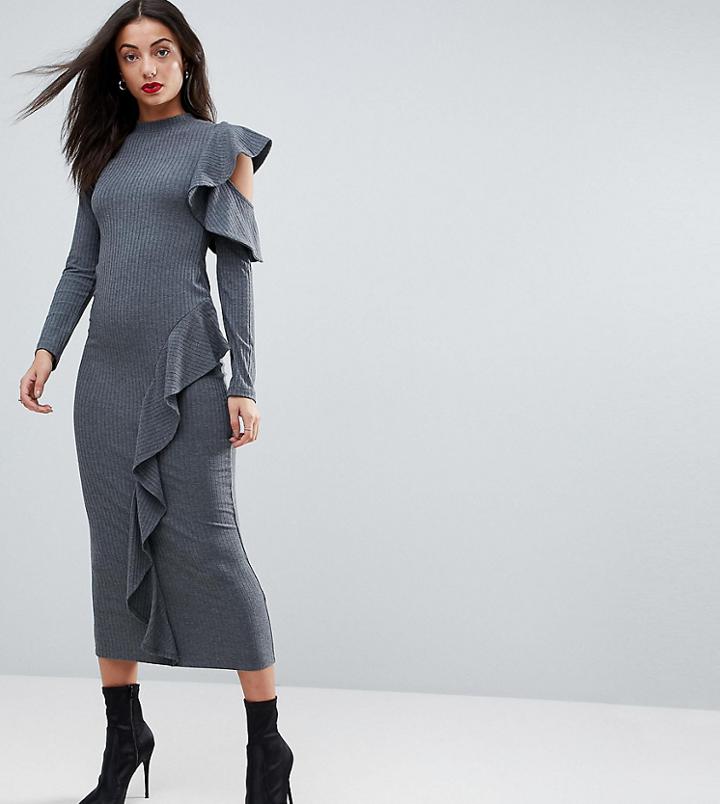 Asos Tall Ruffle Cold Shoulder Bodycon Midi Dress In Chunky Rib - Gray