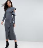 Asos Tall Ruffle Cold Shoulder Bodycon Midi Dress In Chunky Rib - Gray