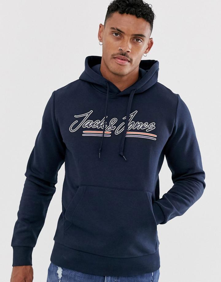 Jack & Jones Originals Over Head Large Chest Logo Hooded Sweat In Navy