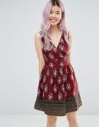 Yumi Border Print Dress With Tie Back - Red