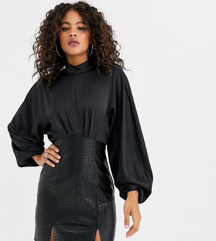 Asos Design Tall Midi Pencil Dress In Croc Pu And High Neck Satin Top-black