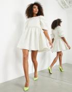 Asos Edition Textured Mini Dress With Ruffle Detail In Ivory-white