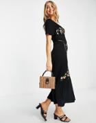 Asos Design Square Neck Midi Crinkle Dress With Ladder Trims And Floral Embroidery In Black