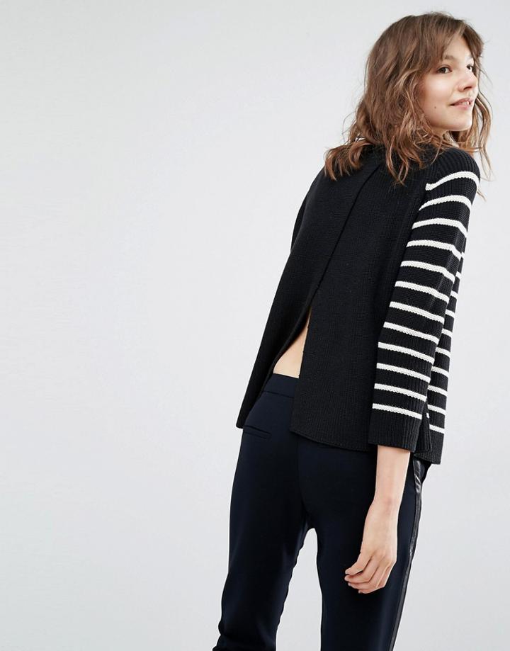 Suncoo Polly Split Back Sweater In Mono Stripe - Noir
