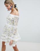 Dolly & Delicious Allover Floral Bardot Skater Dress With Fluted Sleeve Detail - Multi