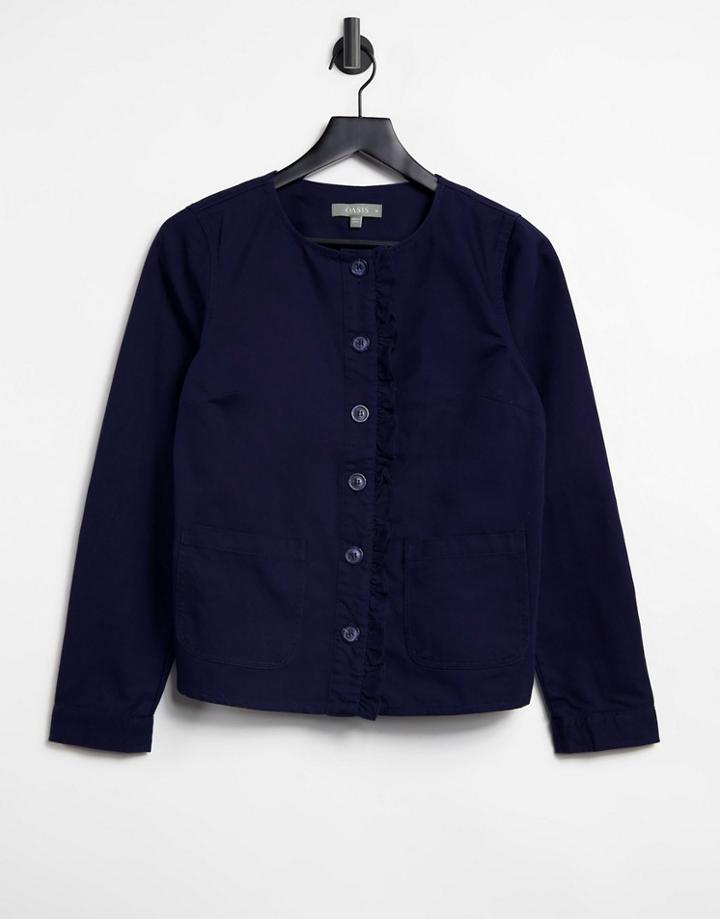 Oasis Denim Jacket With Frill Detail In Navy