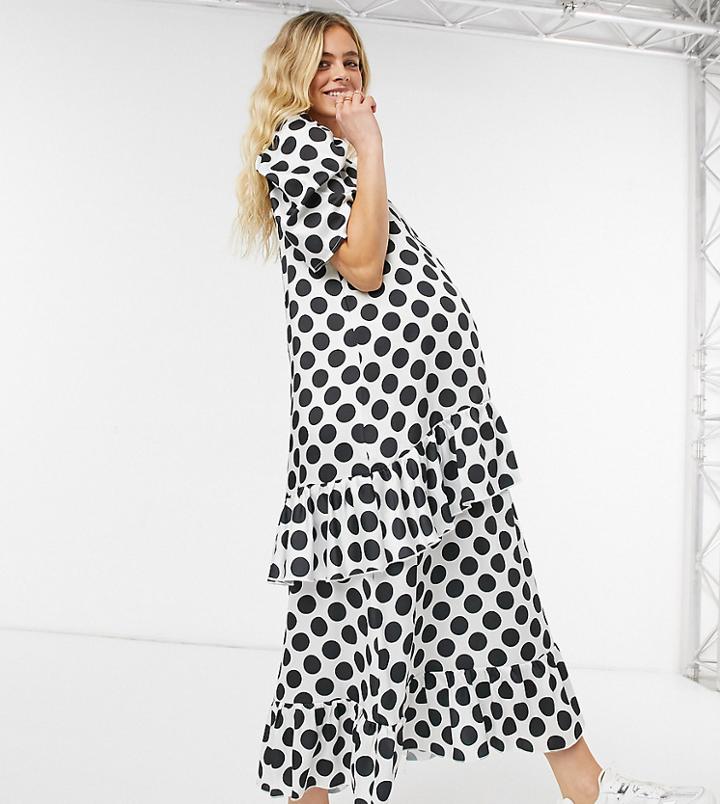 Blume Studio Maternity Short Sleeve Satin Smock Maxi Dress In White Polka
