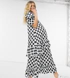Blume Studio Maternity Short Sleeve Satin Smock Maxi Dress In White Polka