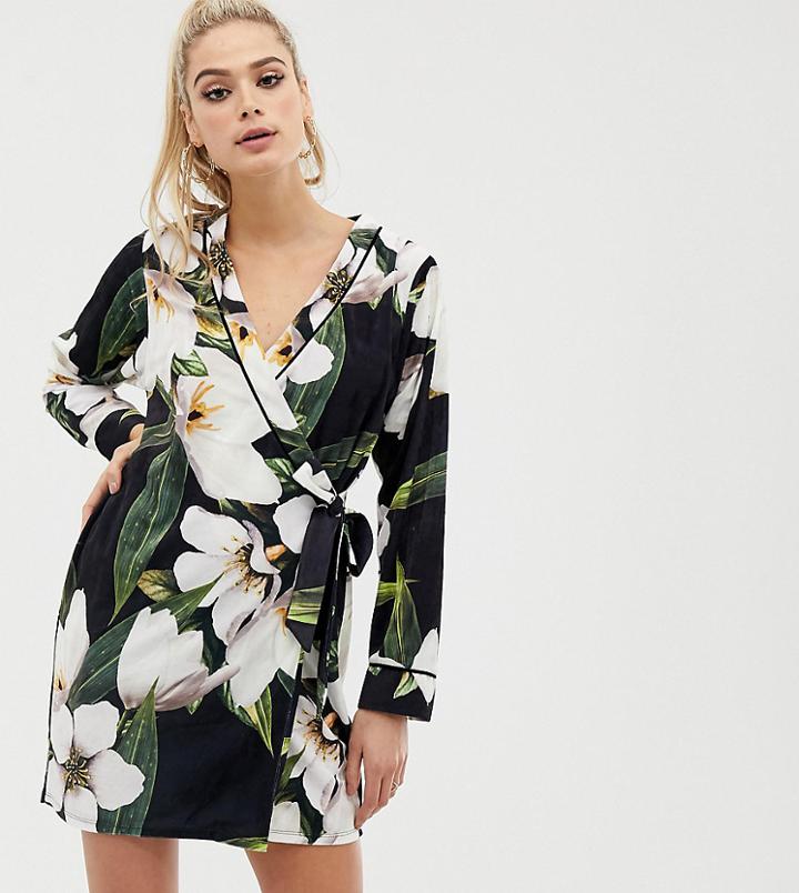 Asos Design Tall Bamboo Print Velvet Mini Wrap Dress-multi