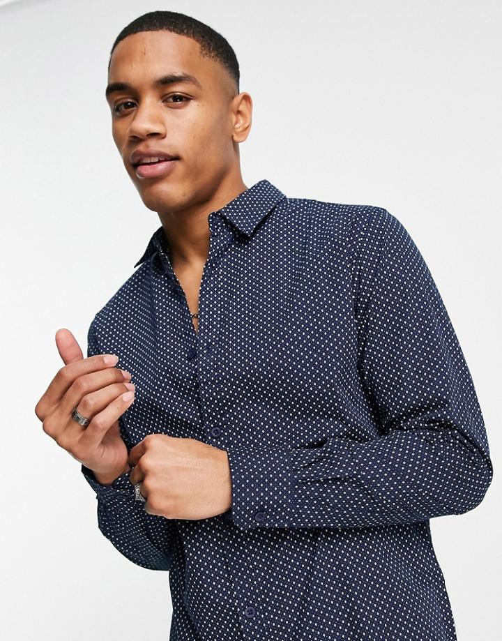 Threadbare Long Sleeve Pattern Shirt In Navy