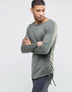 Asos Longline Long Sleeve T-shirt With Drawstring Detail - Khaki