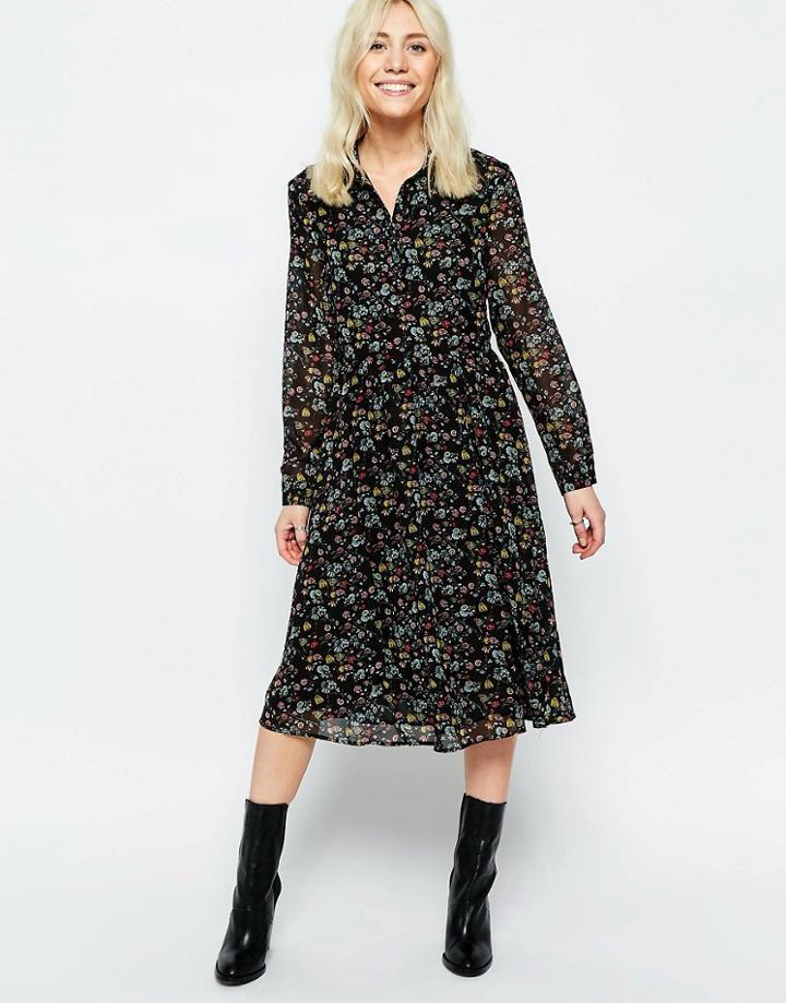 Neon Rose Midi Shirt Dress In Floral Folk Print - Multi