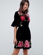 Asos Design Velvet Embroidered Skater Mini Dress-black